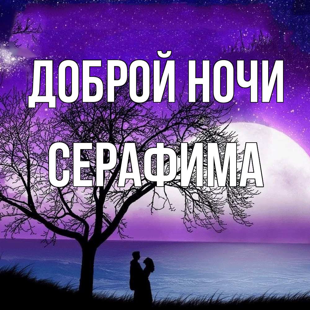Открытка на каждый день с именем, Серафима Доброй ночи огромная луна и парочка Прикольная открытка с пожеланием онлайн скачать бесплатно 