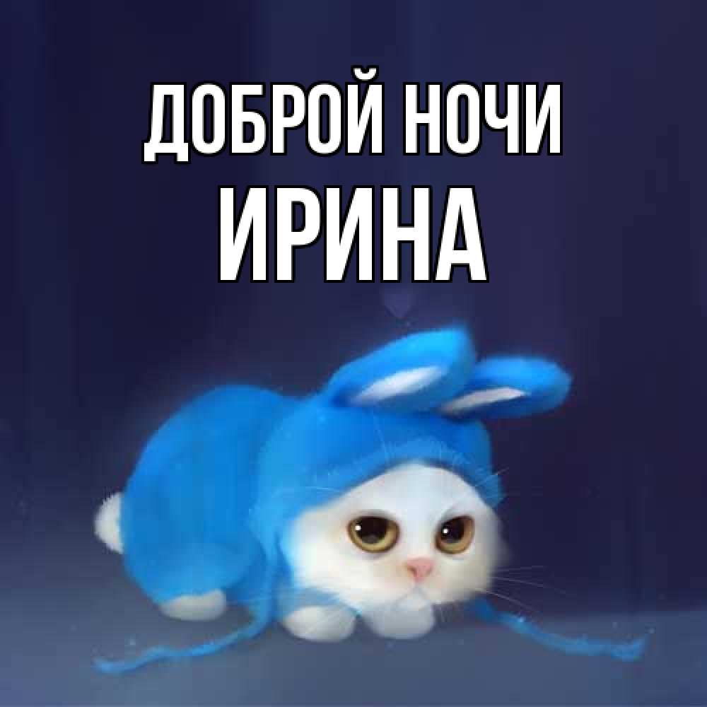 Открытка на каждый день с именем, Ирина Доброй ночи кот в голубом костюме кролика с ушками Прикольная открытка с пожеланием онлайн скачать бесплатно 