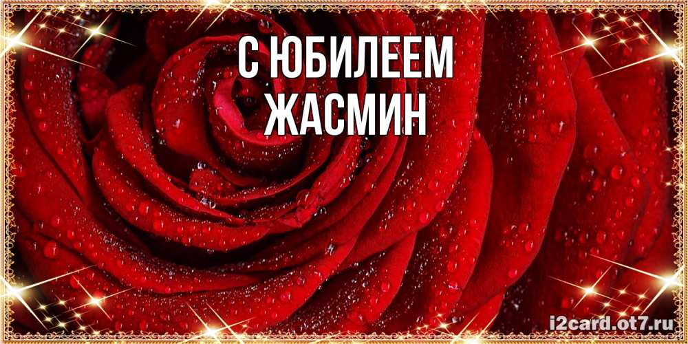Открытка на каждый день с именем, Жасмин C юбилеем роса на розе блестящая в лучах солнца Прикольная открытка с пожеланием онлайн скачать бесплатно 