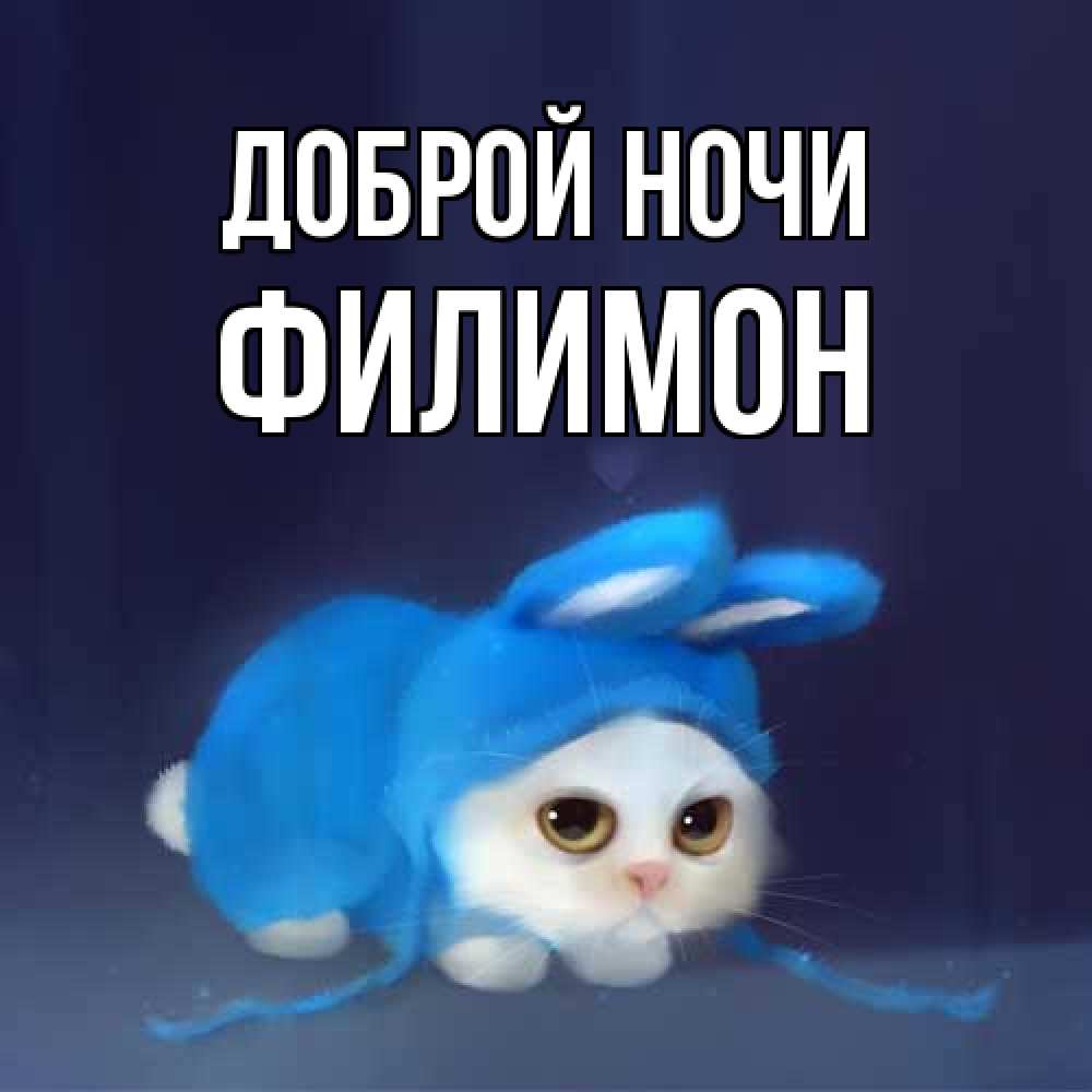 Открытка на каждый день с именем, Филимон Доброй ночи кот в голубом костюме кролика с ушками Прикольная открытка с пожеланием онлайн скачать бесплатно 