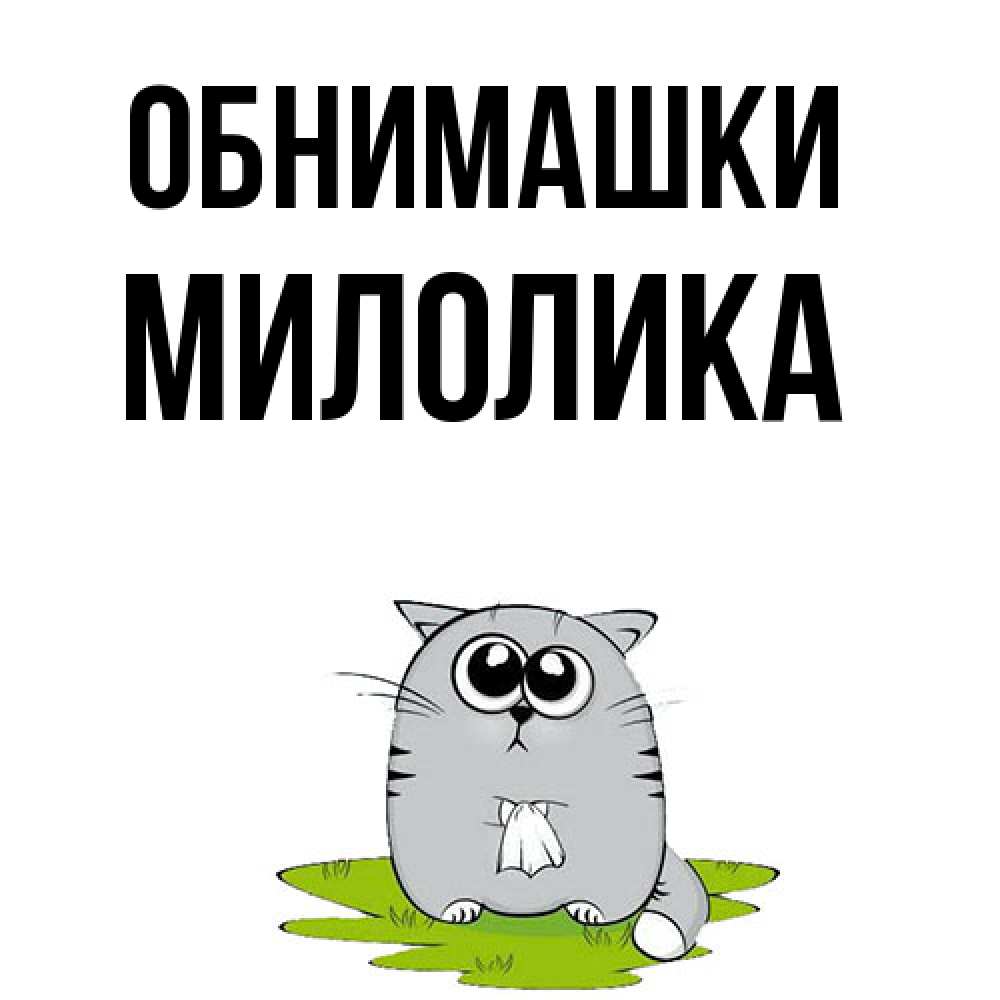 Открытка на каждый день с именем, Милолика Обнимашки котик теребит платочек сидя на травке Прикольная открытка с пожеланием онлайн скачать бесплатно 