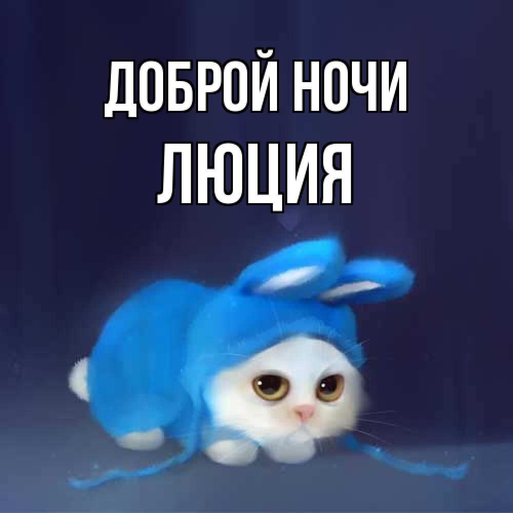 Открытка на каждый день с именем, Люция Доброй ночи кот в голубом костюме кролика с ушками Прикольная открытка с пожеланием онлайн скачать бесплатно 