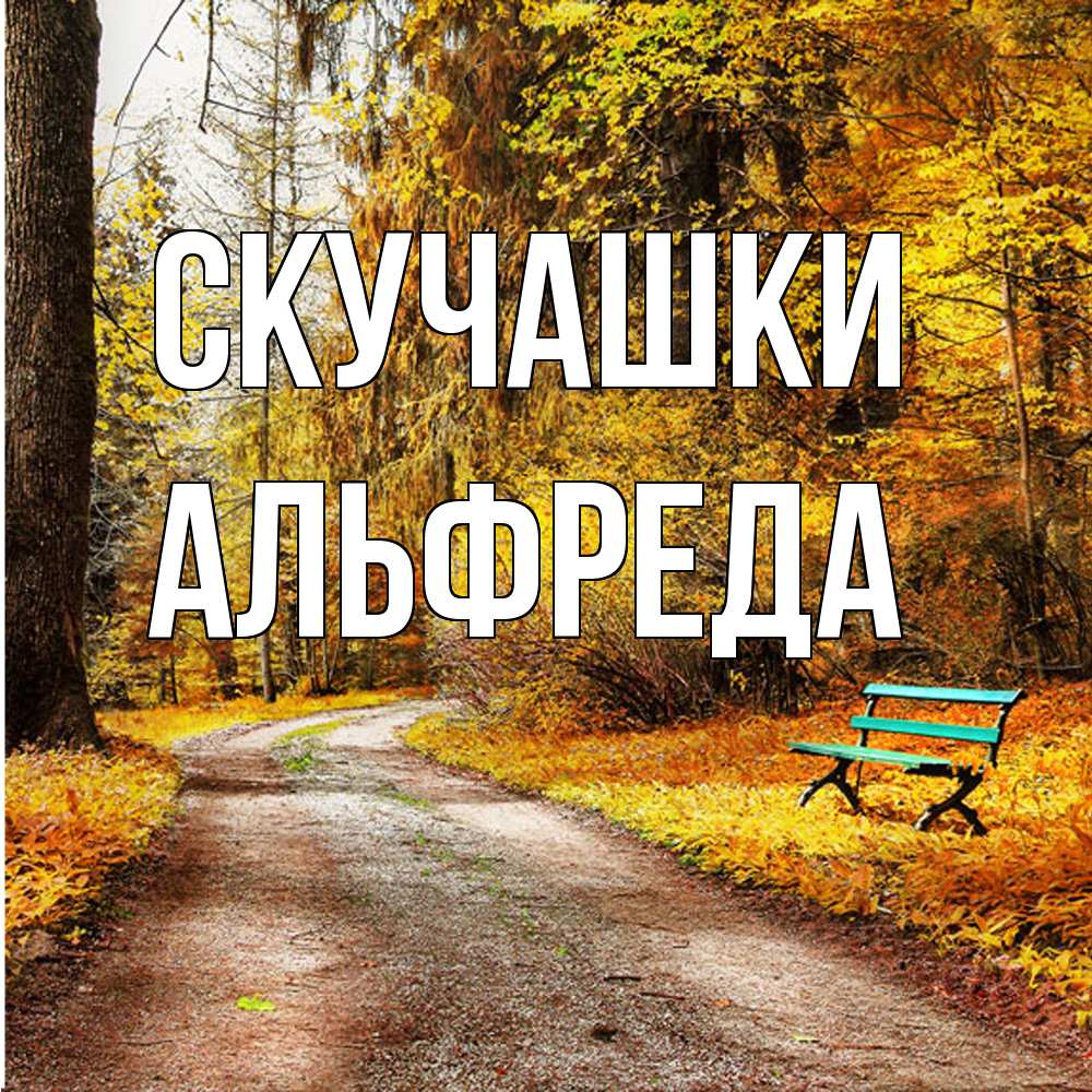 Открытка на каждый день с именем, Альфреда Скучашки зеленая лавочка и осенний лес Прикольная открытка с пожеланием онлайн скачать бесплатно 